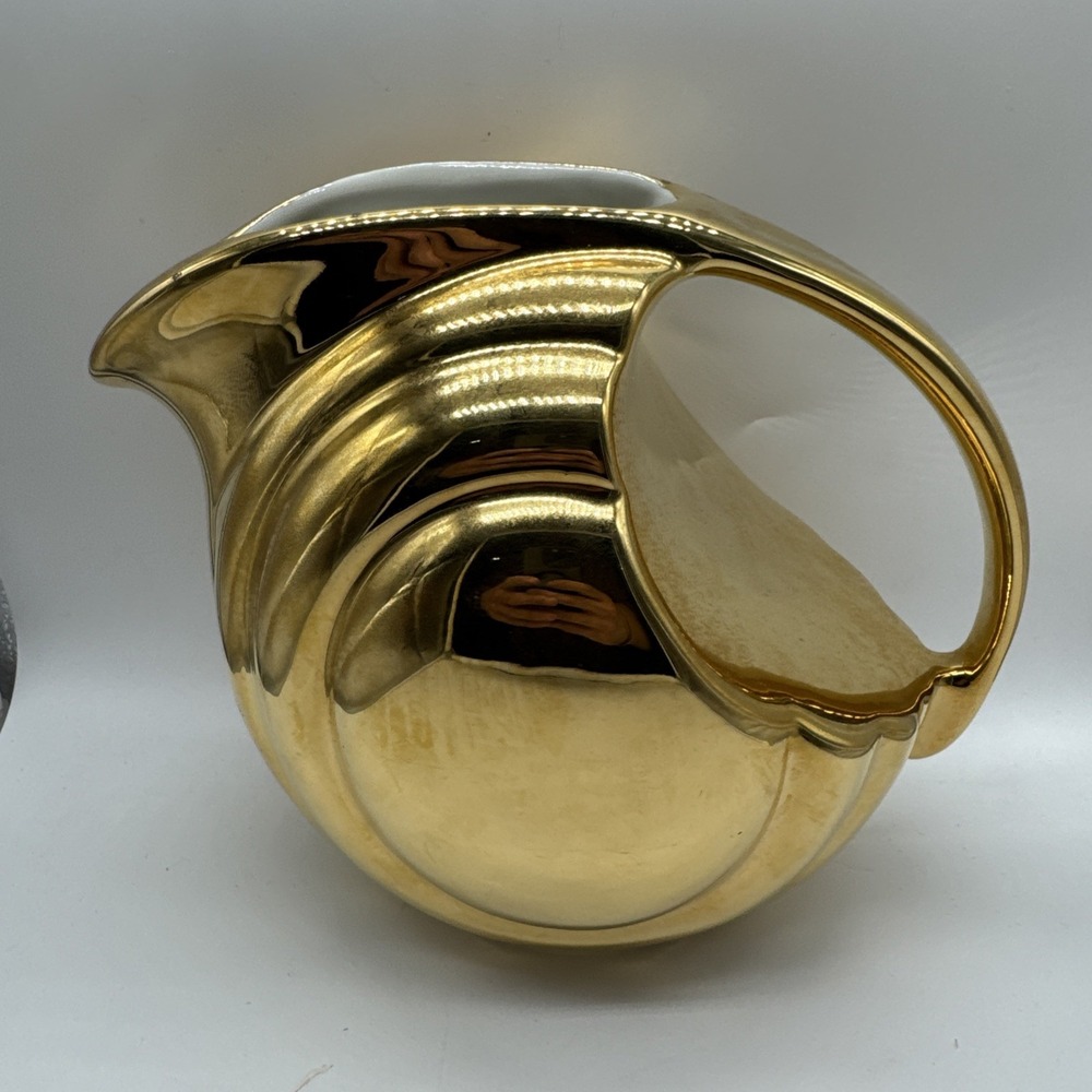 RARE VTG MCM Hall China Pitcher Porcelain Golden Glo 22k Gold Ice Spout USA 1338